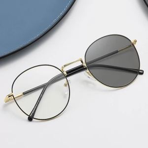 Photochromic Glasses Womens Mens Outdoor Color-changing Glasses Metal Oval Frame with Replaceable Lens Glasses Student Glasses