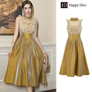 Happy Diva เดรสผู้หญิง เดรสสีเหลืองา เดรสทรงเอ เดรสซาติน เดรสทำงาน เดรสไฮโซ เดรสวินเทจ เดรสออกงาน เดรสปาร์ตี้ ชุดราตรี 21153