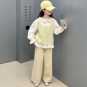 MPW | Girls Fashionable Lace Trim Vest Wide Leg Pants Three Piece Set Autumn Wear Trendy Korean Style Medium To Older Kids Clothing