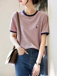 Stylish Elegant New 2026 Spring Women T-Shirt French Design Striped Contrast Color Short Sleeve Round Neck Embroidered