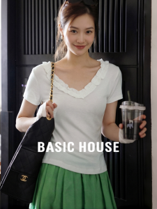 Basic House | White Lace V-Neck Waist-Cinching T-Shirt