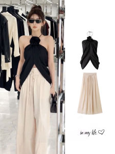 Hand Sewn Flower Backless Strap Vest High Waist Loose Fit Casual Wide Leg Pants Womens Autumn Winter Lazy Style Slimming Clothes