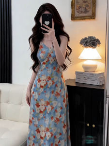 LIRENQING | Resort Blue Floral Halter French Waist-Cinching Long Dress