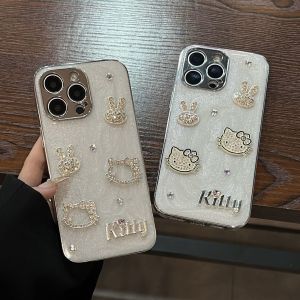 【New】Diamond 3D Kitty & Rabbit Pattern Electroplating IMD Phone Case with Bracelet For iPhone X XS XR 11 12 13 14 15 16 Serie