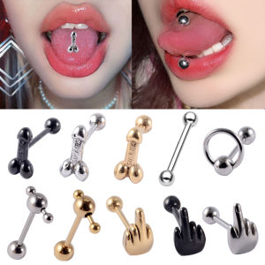 3PCS-1PC Punk Hip Hop Ngón Tay Giữa Cử Chỉ Biểu Tượng Bóng Lưỡi Nhẫn Barbell Thép Phẫu Thuật 316L Khuyên Lưỡi Trang Sức Body Piercing