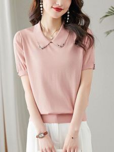 ทันสมัย Ice ผ้าไหม เสื้อยืดแขนสั้นคอโปโลถัก ผู้หญิง เสื้อท่อนบน ฤดูร้อน สินค้าใหม่ ระบายอากาศได้ดี สบาย ลำลอง สวมใส่