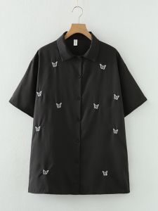เสื้อเชิ้ตผู้หญิงแขนสั้นสีดำสไตล์ฝรั่งเศส ดีไซน์เก๋ไก๋ หรูหรา ดีไซน์สไตล์ฮ่องกง ดีไซน์ผีเสื้อ ผ้าฝ้ายโพลีเอสเตอร์