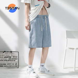 Jeans for Men Celana Pendek Lelaki Summer Thin Section Loose Straight Light-coloured Denim Shorts Mens Tide Hong Kong Style Simple Casual Five-minute Trousers Large Size Mens Trousers M-5XL