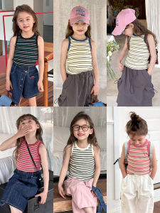 Korean Style Striped Summer Thin Sleeveless T-Shirt for Girls Childrens Fashionable Base Layer Top Baby Cotton round Neck