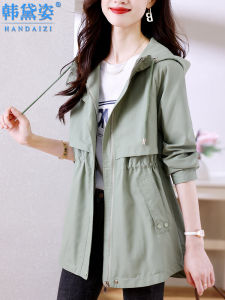 Korean Style Womens Mid-Length Hooded Jacket Fashionable High-End Spring New Arrival Polyester Fiber Workwear Coat