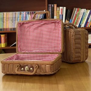 Retro Rattan Storage Suitcase Handmade Wicker Picnic Basket Travel Camping Food Container Straw Women Tote Luggage Organizer
