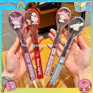 Cartoon Chopsticks Spoon Set 304 Stainless Steel My Melody Kuromi Cute Kt  Spoon Shaped Storage Case Kids Tableware