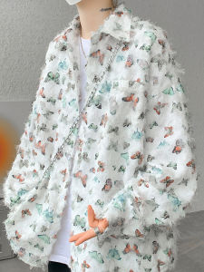 Loose Mens Long Sleeve Shirt Butterfly Trim Craftsmanship Spring Summer New Style Small Fragrance Wind Design Casual Coat
