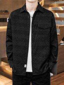 HENGYUANXIANG | Chic Spring Fashion Long Sleeve Loose Fit Collared Mens Shirt Trendy Button Down Polyester Fiber Basic Style Sharp Collar Striped Pattern