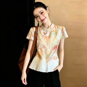 SHUAIYUE | Áo Sơ Mi Kiểu Qipao Mới Phong Cách Trung Quốc In Hoa Nếp Rủ Cổ Tròn Pankou Đa Dạng Kết Hợp