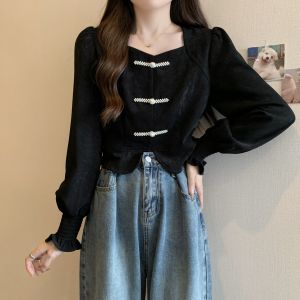 Red Unique Beautiful Large Size Womens Spring Autumn Chinese Style Shirt Square Collar Slimming Top Korean Loose Fit Long Sleeve