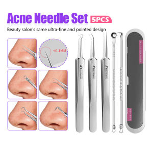 5PCS Stainless Steel Acne Extractor Remover Needle Kit Blackhead Tweezers Pimple Tool Kit Set wt Case Alat Jerawat 去黑头粉刺痘痘摄子