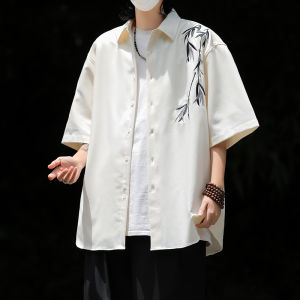 New Chinese Style Light National Style Ice Silk Bamboo Embroider Shirt Mens Summer Chinese Ancient Style Couple Loose Short Sleeve Shirt Coat