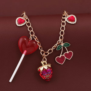 Pink Crystal Love Cherry Keychain Bag Pendant Hanging Chain Gold Handbag Extended Chain