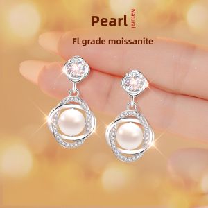 East Beauty | S999 Silver Pearl And Moissanite Earrings Stylish Delicate Luxurious