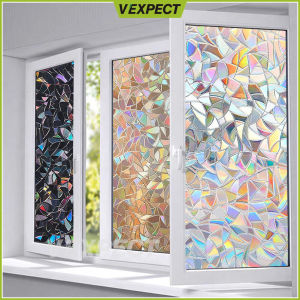 Window Film Sticker 3D Rainbow Window Tinted Sticker Film Removable Non-Adhesive Decorative Glass Film Sticker for Home Kitchen School Office Heat Control Anti UV