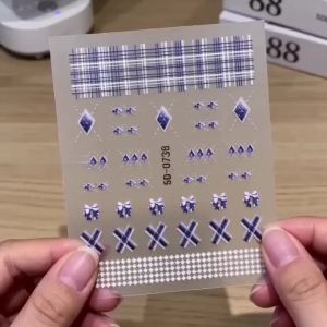1Pc 5D Klein Blue Rhombus Plaid Bow Nail Stickers Dotted Line Diamond Grid Self-Adhesive Nails Decal Sweet Grids Manicure Slider