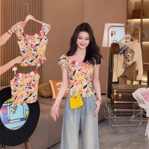 chaqi | Summer New Design Pure Desire Wind Spicy Girl Style Oil Painting Flower Fly Sleeve Vest Women Inner Match Top Fashionable Commute Style Print Casual Wear