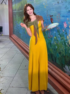 BINKAFENNY | French Gentle Yellow Knitted Strap Dress Women Summer Dopaamine Style Beautiful Sleeveless Long Gown High Waist U-Neck Single Piece