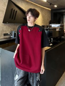 2025 New Heavy Shoulder Pad T-Shirt Korean Style Summer Half Sleeve Mens Short Sleeve Patchwork Color Block Fashionable Tee