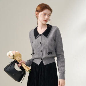 isabufei | Slim Fit Retro Style Embroidery Collar Pure Color Sweater
