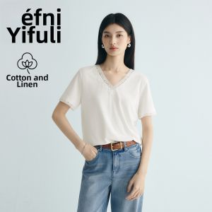 Eifini | Lace V-Neck Lyocell Linen Womens Short Sleeve Top