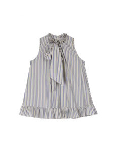 French Retro Stand Collar Striped Shirt for Women Summer Sweetness Sleeveless Lace-up Neckline Doll Blouse Loose Type