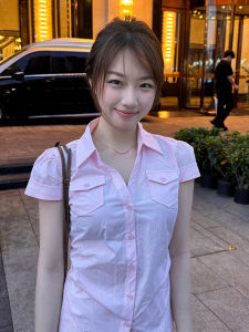 Y6Y | American Retro Pink Short Sleeve Slim Fit Shirt Women Summer New Design Waist Cinched Top Sweet Style Cotton 100% Button Detail