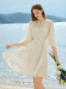 XIANGYING | French Tencel Puff Sleeves Summer Elegant Belted Waist Design Embroidered Dress