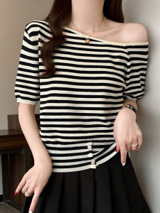 DAIXIANGFEIZI | Áo Thun Knit Sọc Giảm Cân