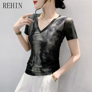 REHIN Summer Fashion Mesh Tie-Dye Short Sleeve T-shirt V-Neck Slim Fit Stylish Womens Top