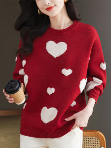 Red Knitted Wool Sweater Loose Fit Large Size Mom Autumn Winter Fashion Top Year of Birth Chinese Zodiac Cashmere Wool Blend