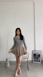 Atasan Wanita Sabrina Knit Top Lengan Panjang Pita Bahan Rib Knit
