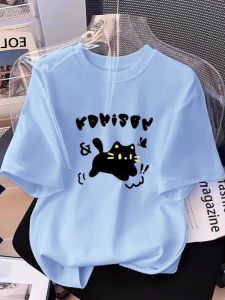 Girls Summer Short Sleeve T-Shirt Sky Blue Cat Cartoon Print Pure Cotton Top Cool Style Loose Fit Childrens Tee Little Girl