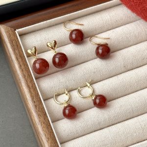 New Year Chinese Style Red Agate Earrings White Enhancing Vintage Fashion Jewelry Geometric Pattern Womens Ear Studs