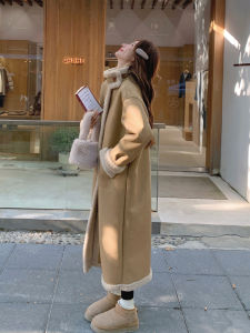 Khaki Long Lamb Fur Jacket Women Winter New Fashion Thickened Plush Inner One-Piece Cotton Coat Retro Style Button Splice