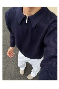 Loose Fit Long Sleeve Knitted Polo Shirt Mens Half Zipper Collar Sweatshirt American OOTD Workwear Bottom Line Shirt