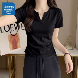Jeanswest | Áo Thun Nữ Mùa Hè Cổ Chữ V Tay Ngắn Ôm Sát Cắt Ngang