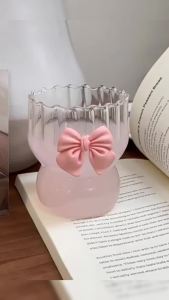 MO. Glass Cup 300ml 9x7.5cm Glass 1 Piece Cold Drink Ice Cream Cute Bow Shaped Transparent