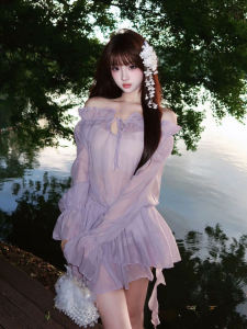 Sweet Purple One-Shoulder Dress Slim Fit Waist-Cinching Short Skirt Summer Fashion Gentle Style Long Sleeve Womens Dress