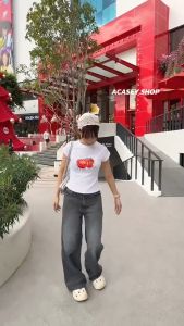 Acasey กางเกงยีนส์ผู้หญิง กระบอกใหญ่ ทรงเรียบ Tomato Jeans สีสนิม