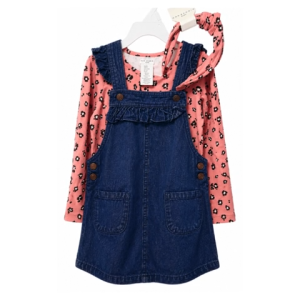 Girls 3-Piece Long Sleeve Top Denim-Style Pinafore Dress & Headban Set – Animal Print
