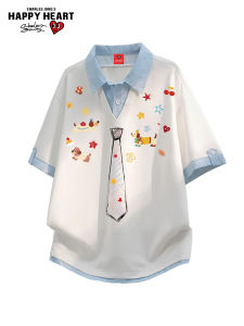 CHARLES JANGS HAPPY HEART | Fake Two-Piece Cartoon Graffiti College Style Polo Shirt with Tie