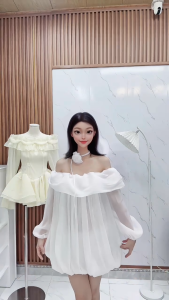 Quyn Shop - Đầm Trễ Vai Tay Bồng Dáng Bí Chất Liệu Tơ Xốp Tặng Dây Hoa & Quần Mặc Trong Phong Cách Đơn Giản Sang Trọng