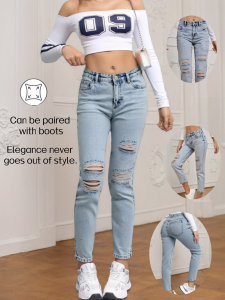 Womens Comfortable Casual Skinny Denim Jeans with Pockets Elastic Waist 9-Length Torn Hole Pants for All Seasons